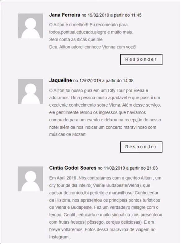 Depoimento de Jana Ferreira: "O Ailton é o melhor! Eu recomendo para todos, pontual, educado, alegre e muito mais. Sem contar as dicas que me deu. Ailton, adorei conhecer Vienna com você!"